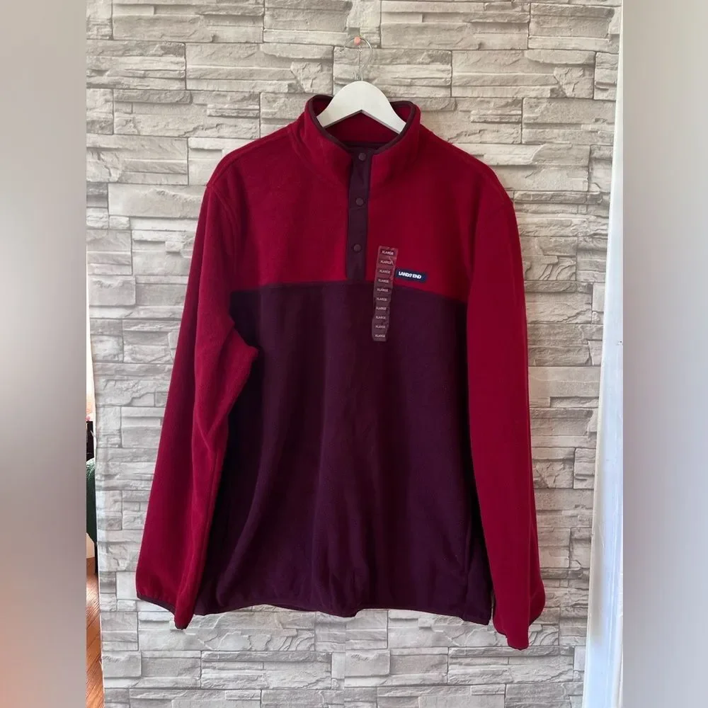 Land’s End Men Colorblock Burgundy Red Soft Fleece XL Quarter Button Sweater NWT